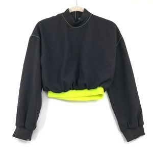 Zara Long Sleeve Crop Black Neon Green Collar Small